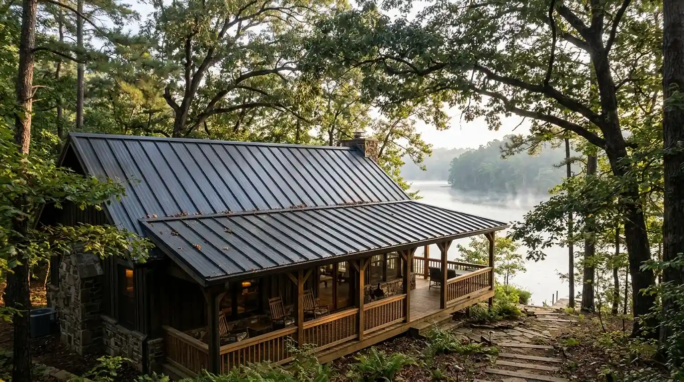 Standing seam metal roof on a wooded lake cabin near Heber Springs Arkansas, oak trees overhead, covered deck below, soft morning light off the water