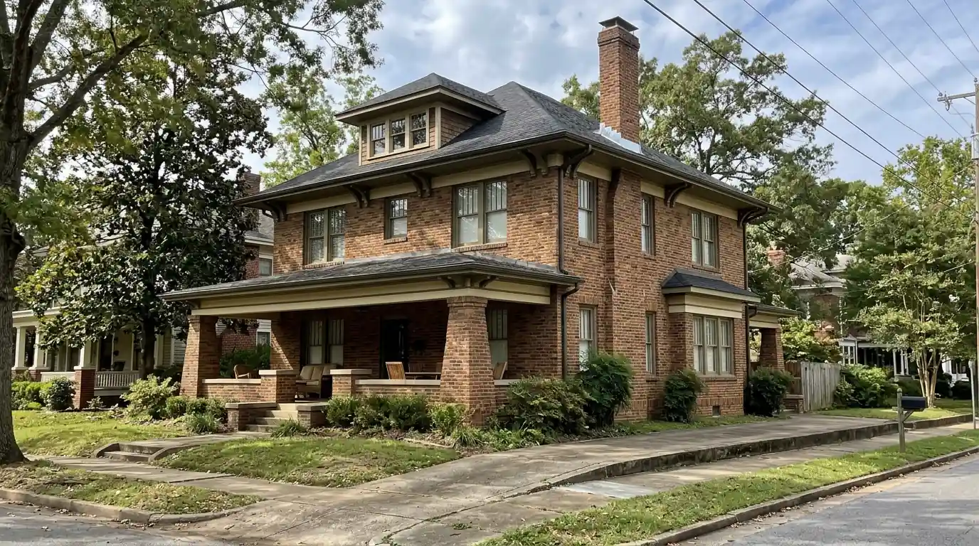 Two story brick Craftsman home in the Governors Mansion District, Little Rock, with a hip roof, dormer and new chimney counter flashing