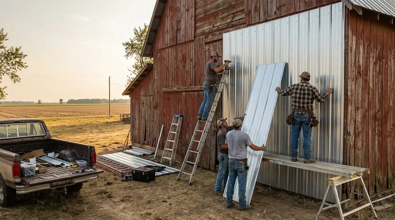 Crew screwing new galvanized metal panels onto a weathered red barn outside Bald Knob Arkansas, flat farm fields behind, late summer afternoon