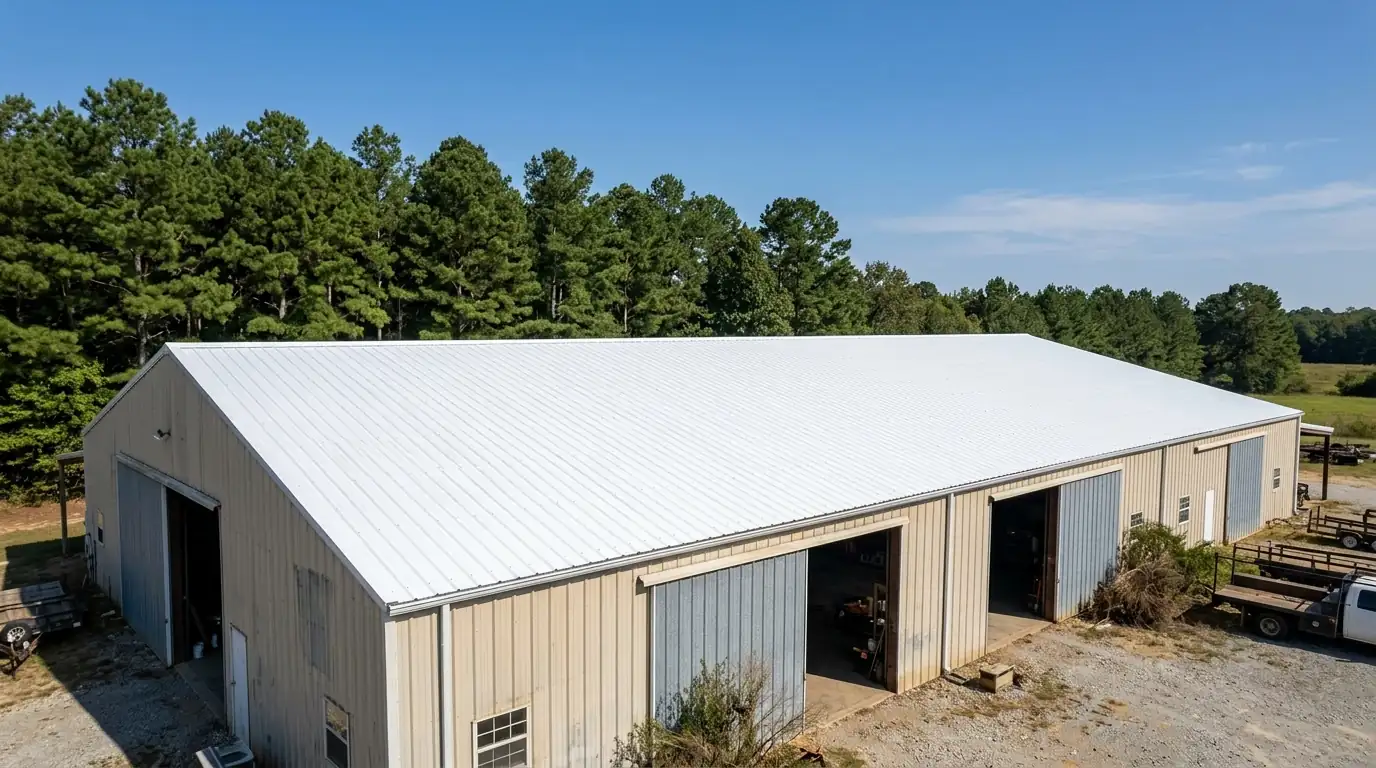 Freshly coated white exposed-fastener metal roof on a farm shop building near Little Rock, clear blue sky and pine trees behind