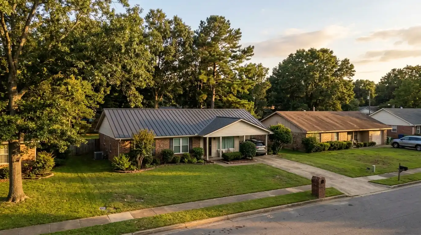 Charcoal standing seam metal roof on a single story ranch home in Little Rock beside a neighbors brown shingle roof, late afternoon