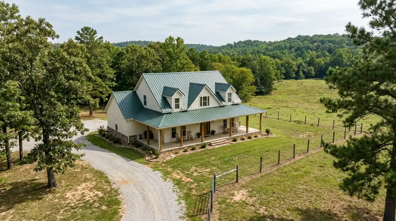 Rural home near Greenbrier Arkansas with a new dark green standing seam metal roof, wooded hills and a pasture fence in the background