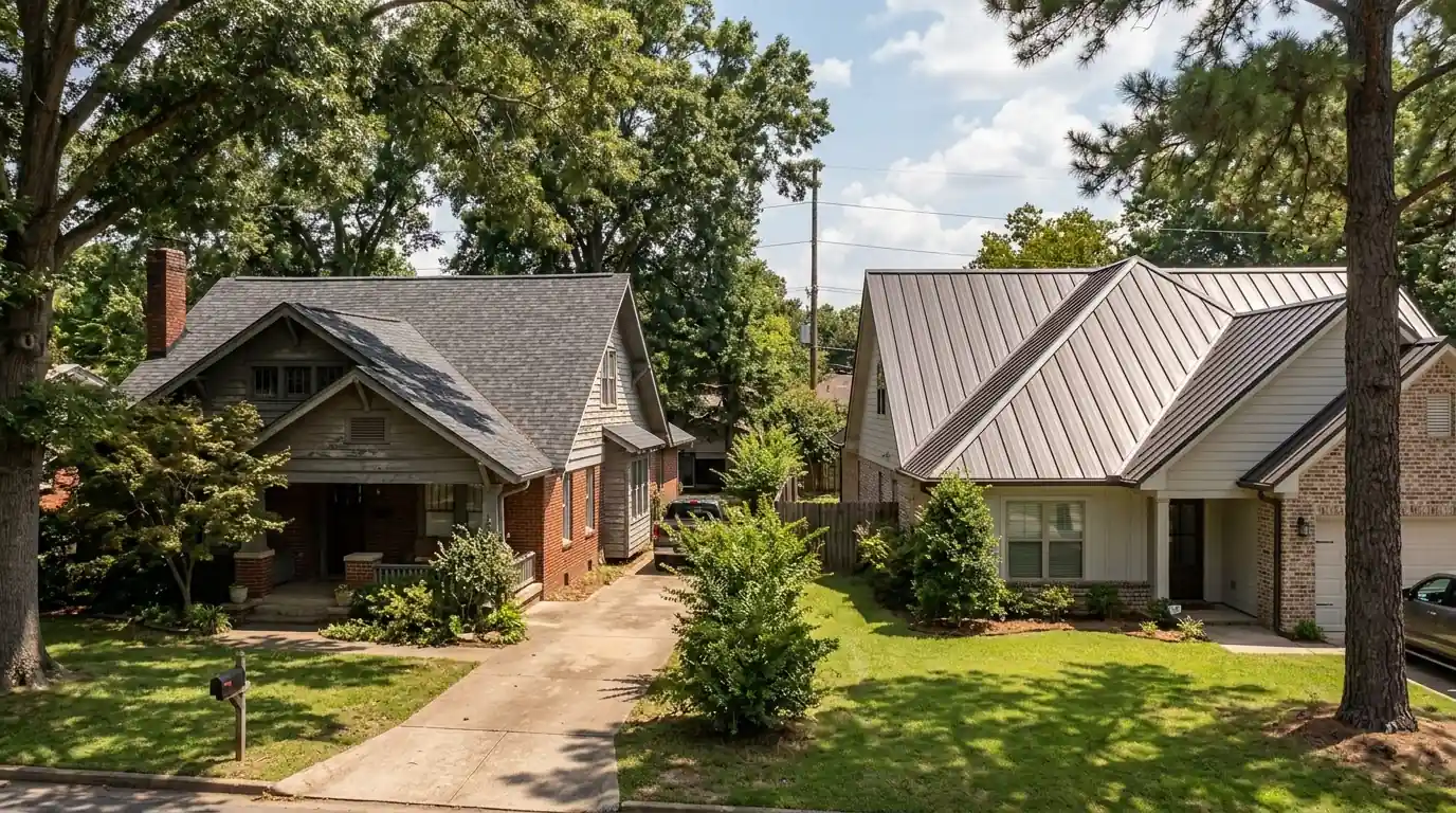 Side by side view of a standing seam metal roof and a dark architectural shingle roof on neighboring homes in Little Rock, summer afternoon