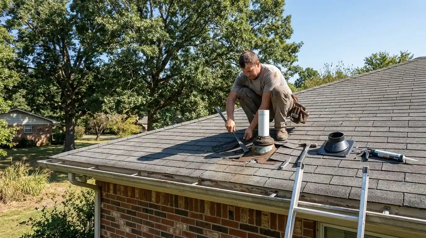Roofer replacing a cracked pipe boot on a brick ranch house roof in Searcy Arkansas, White County, oak trees and clear sky behind