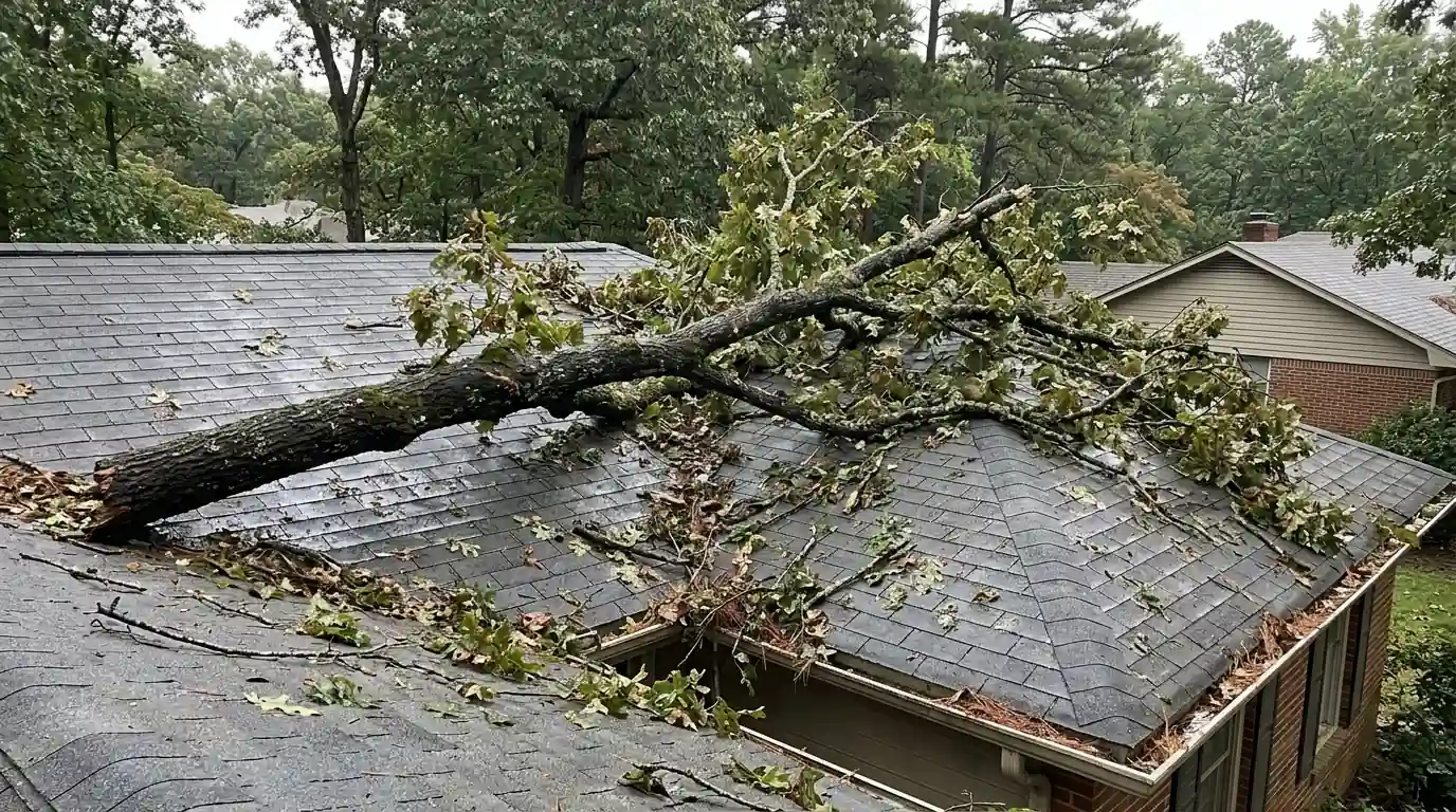 Fallen oak limb resting across asphalt shingles on a suburban central Arkansas roof after a night thunderstorm, debris scattered on the slope