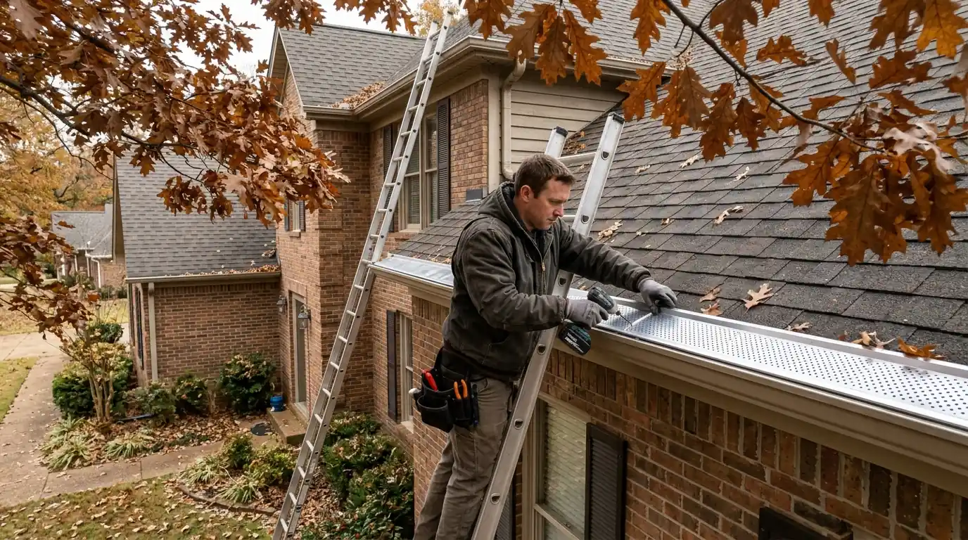 Installer fastening perforated aluminum gutter guard along a two-story home in central Arkansas, oak branches overhead in fall