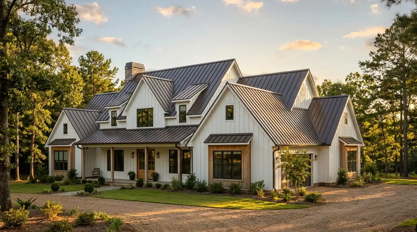 Dark bronze standing seam metal roof with crisp vertical seams on a modern farmhouse near Little Rock, late afternoon sun across the panels