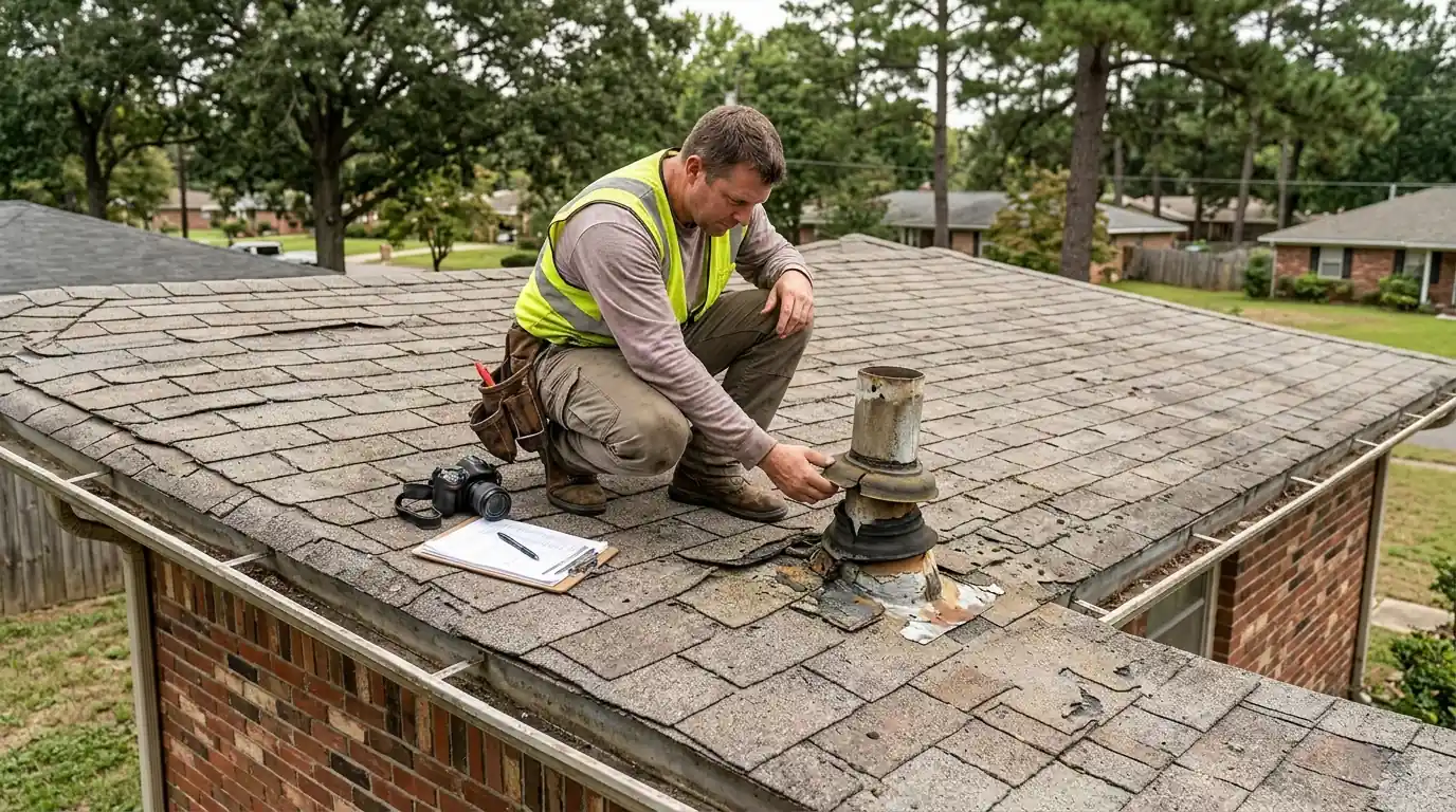Roofer inspecting worn shingles and a pipe boot on a 1960s brick ranch home roof in Jacksonville Arkansas, clipboard and camera nearby