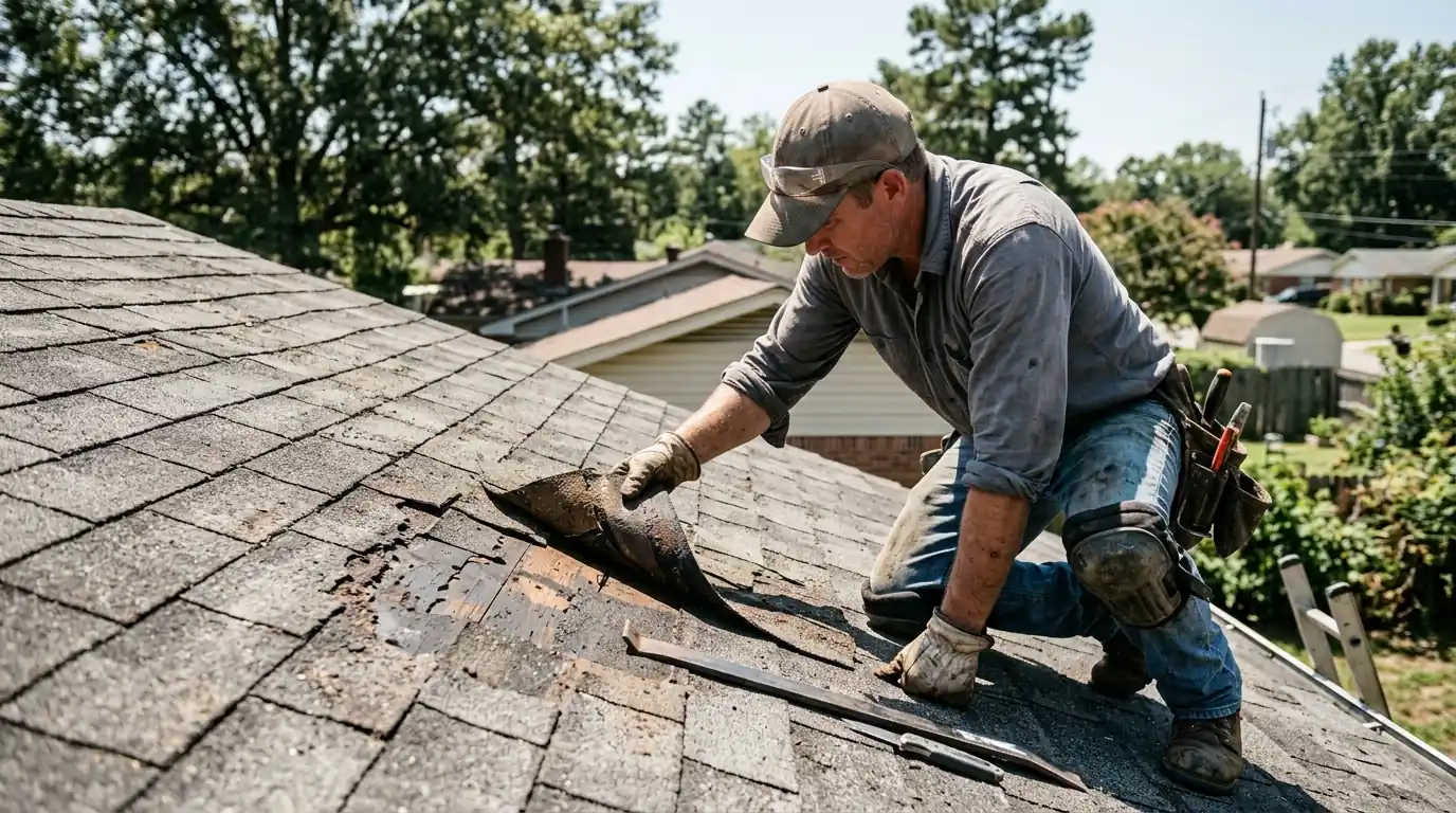 Roofer kneeling on a worn shingle roof in Little Rock, lifting a curled tab to inspect the decking below, midday sun