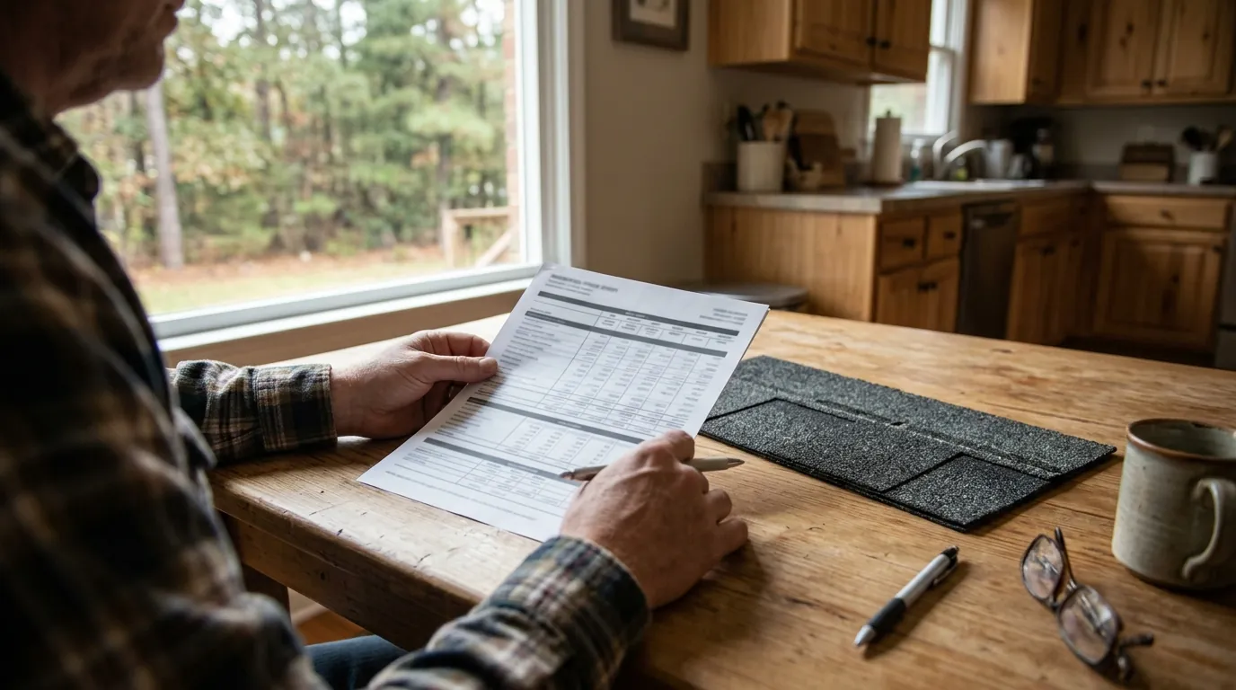 Homeowners hands reviewing a printed roofing price sheet on a kitchen table in central Arkansas, shingle sample and pen beside it