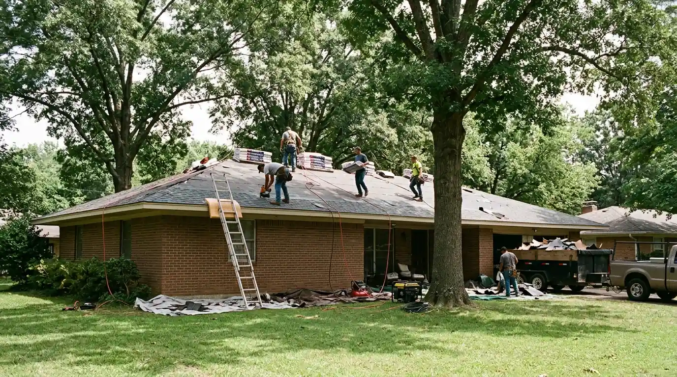 Crew replacing shingles on a long low brick ranch home in Pleasant Valley, Little Rock, wide eaves and tall oak trees shading the yard