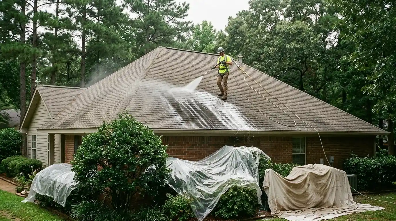 Roof technician soft washing an algae streaked shingle roof with a low pressure spray wand in central Arkansas, shrubs wetted and covered below