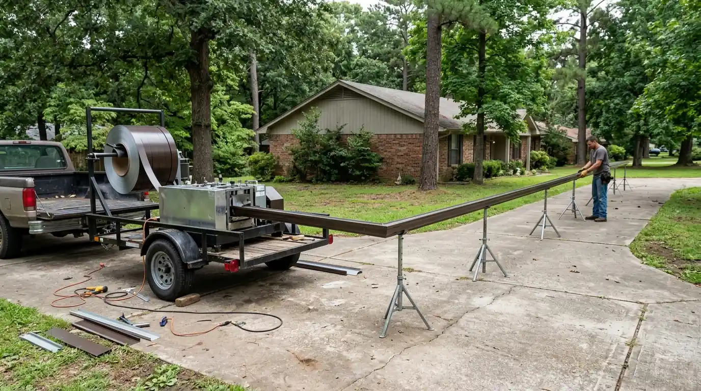 Portable gutter roll-forming machine in a driveway turning a coil of brown aluminum into a long K-style gutter section in central Arkansas