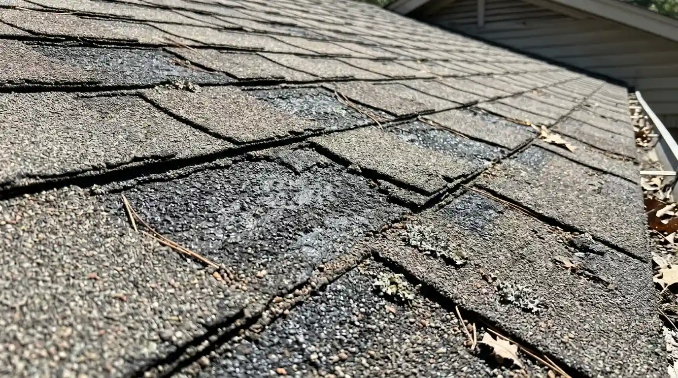 Weathered architectural shingles with heavy granule loss on a south facing slope of a central Arkansas home, close detail in harsh sunlight