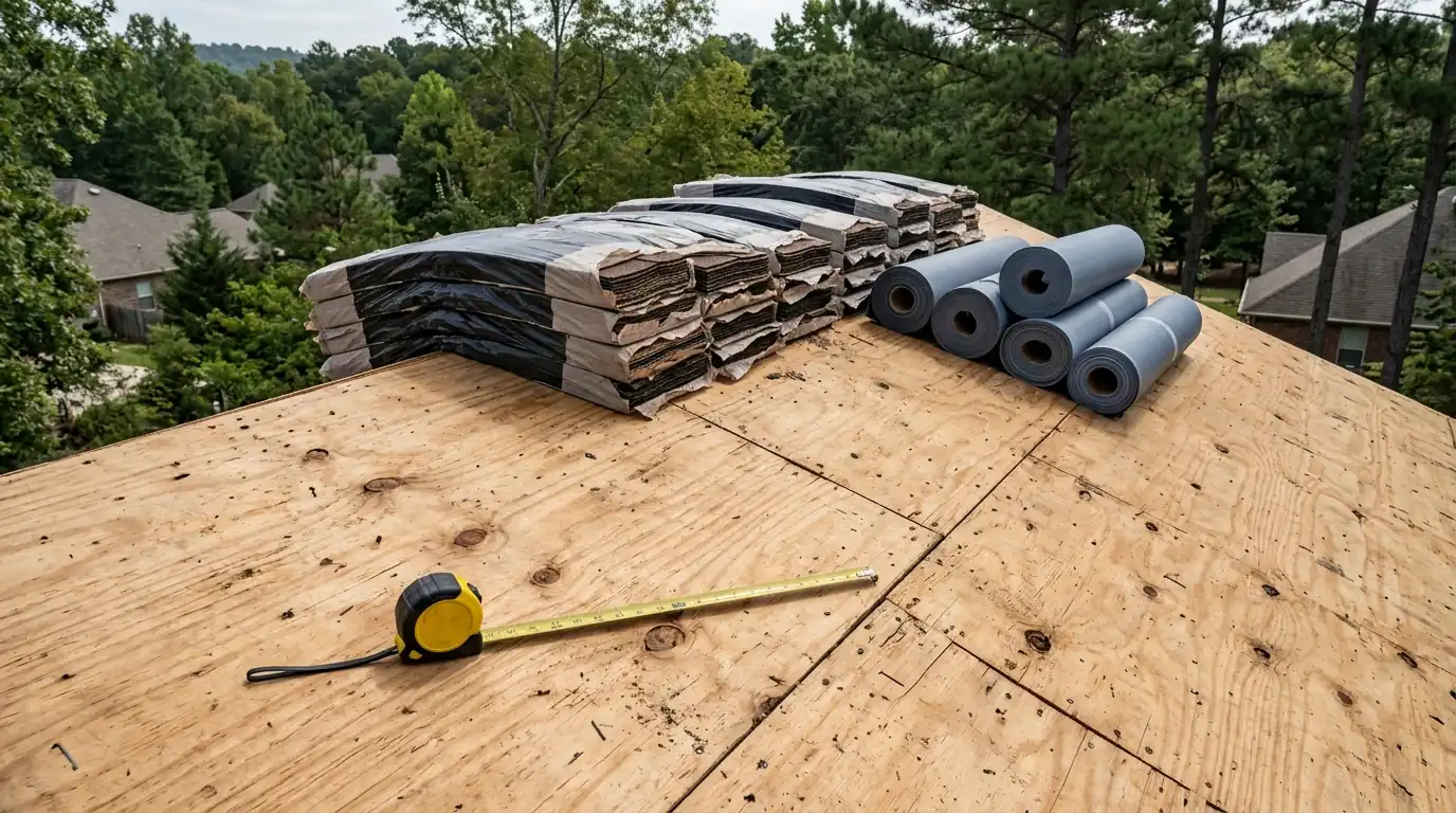 Stack of shingle bundles and rolls of synthetic underlayment on a plywood roof deck in central Arkansas, measuring tape laid across one sheet