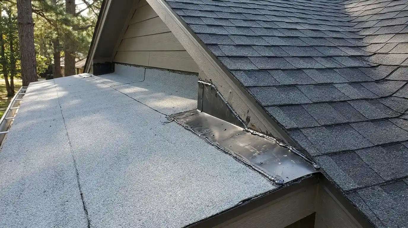 Close view of newly installed gray modified bitumen roof meeting dark asphalt shingles at a flashed tie-in on an Arkansas home addition