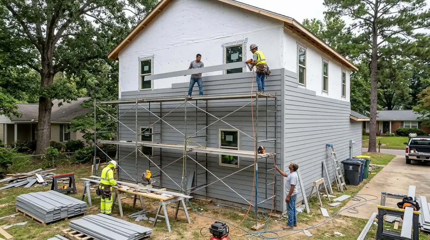 Crew installing gray fiber cement lap siding over white house wrap on a two-story home in Little Rock, scaffold along the wall