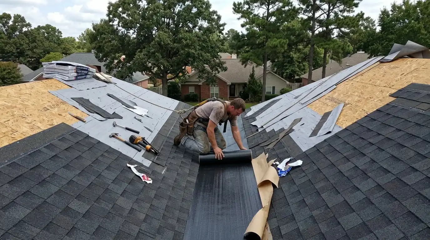 Roofer installing ice and water membrane down a stripped roof valley on a Little Rock home, both slopes partly reshingled