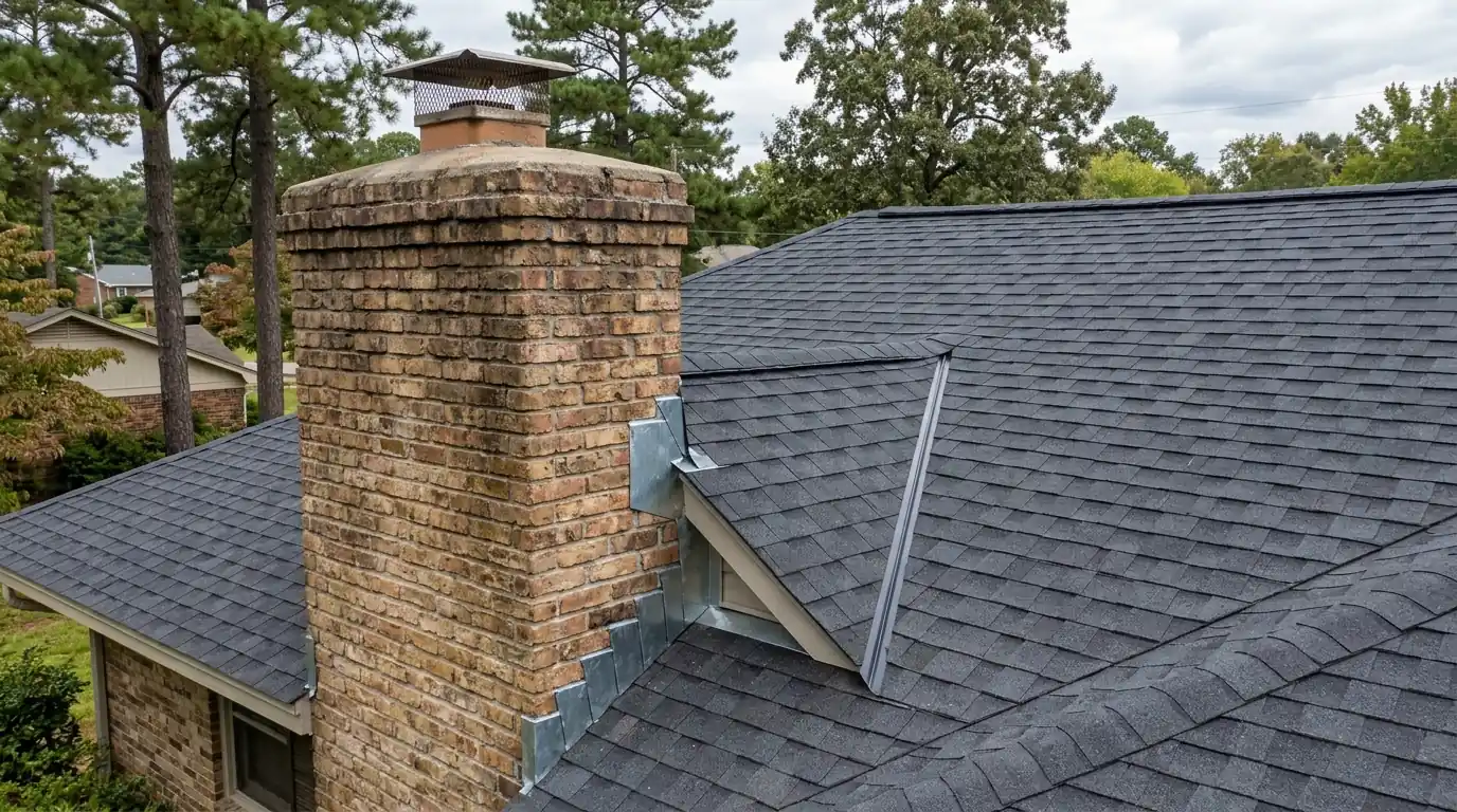 Framed and flashed cricket on the uphill side of a wide brick chimney on a central Arkansas home, fresh shingles around it